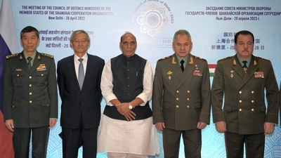 Defence Minister Rajnath Singh with Defence Ministers of Shanghai Cooperation Organisation (SCO) member nations during the SCO Defence Ministers� Meeting, in New Delhi, Friday, April 28, 2023. (PTI) Defence Minister Rajnath Singh with Defence Ministers of Shanghai Cooperation Organisation (SCO) member nations during the SCO Defence Ministers� Meeting, in New Delhi, Friday, April 28, 2023. (PTI)