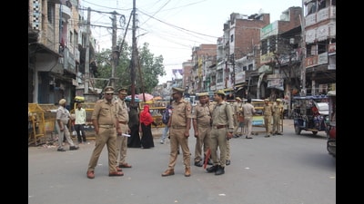 Security in place in old city areas of Prayagraj on Friday. (HT)