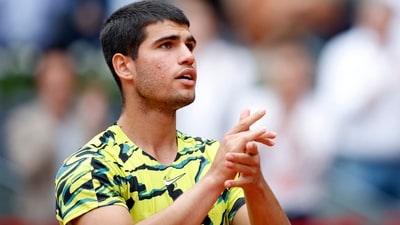 Spain's Carlos Alcaraz celebrates winning his round of 64 match against Finland's Emil Ruusuvuori (REUTERS)