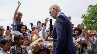US President Joe Biden speaks to children attending a "Take Your Child to Work Day" event at the White House. (Reuters)