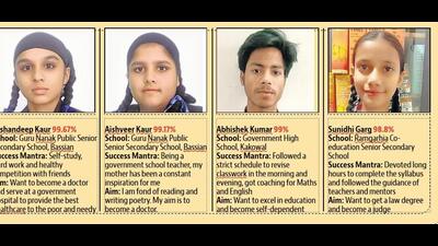 While Samarpreet Kaur of Guru Nanak Public School Bassian near Raikot featured in the list of top three students, as many as seven students from the same school secured a spot in the merit list. (HT Photo)