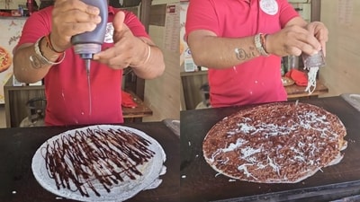 Man adding chocolate syrup and cheese to dosa. (Instagram/@thegreatindianfoodie) Man adding chocolate syrup and cheese to dosa. (Instagram/@thegreatindianfoodie)