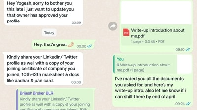 WhatsApp conversations between a broker and a tenant. (Twitter/@kadaipaneeeer) WhatsApp conversations between a broker and a tenant. (Twitter/@kadaipaneeeer)