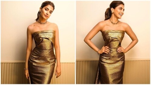 Pooja Hegde in a metallic strapless gown. (Instagram/@tanghavri) Pooja Hegde in a metallic strapless gown. (Instagram/@tanghavri)
