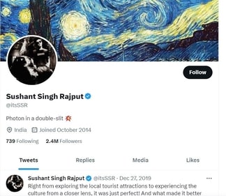 At the time of his untimely demise, Sushant Singh Rajput had 2.4 million Twitter followers. At the time of his untimely demise, Sushant Singh Rajput had 2.4 million Twitter followers.