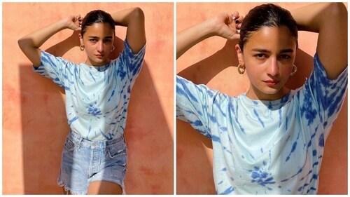 Alia donned a tie-dye top in varying shades of blue and styled it with a sleek bun. (Instagram) Alia donned a tie-dye top in varying shades of blue and styled it with a sleek bun. (Instagram)