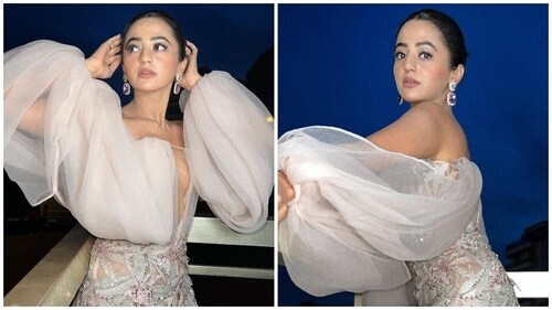 Helly Shah slays a sizzling look in plunging neck dress with statement sleeves. (Instagram) Helly Shah slays a sizzling look in plunging neck dress with statement sleeves. (Instagram)