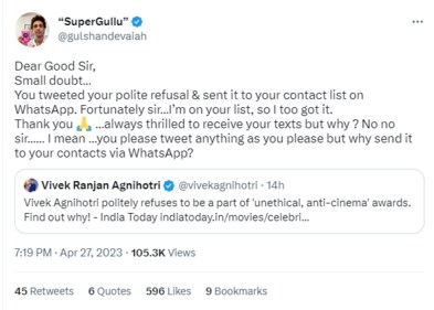 Gulshan Devaiah talked about Vivek Agnihotri's WhatsApp message in a latest tweet.