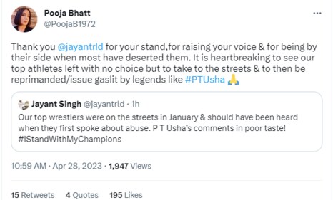 Pooja Bhatt lauded Jayant Singh for supporting the wrestlers. Pooja Bhatt lauded Jayant Singh for supporting the wrestlers.