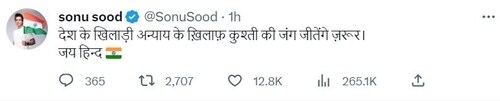 Sonu Sood tweeted for wrestlers on Friday. Sonu Sood tweeted for wrestlers on Friday.