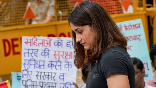 Wrestler Vinesh Phogat seen during the protest at Jantar Mantar in New Delhi on Thursday, (PTI)