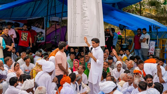 Congress' Deepender Singh Hooda at the wrestlers' protest at Jantar Mantar on Friday. (PTI)