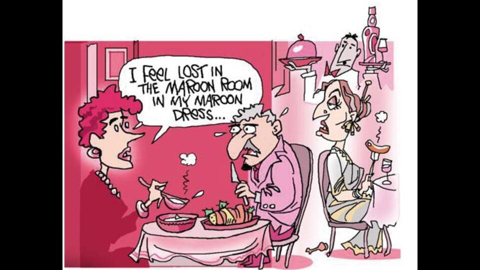 It didn’t matter if the restaurant served Indian or Chinese or both. The faux-leather upholstery was maroon. The shiny table runners were maroon.