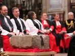 The Stone of Destiny is pictured inside Westminster Abbey during a welcome ceremony, in central London, Britain, Saturday.