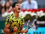 Tennis - Madrid Open - Park Manzanares, Madrid, Spain - April 28, 2023 Spain's Carlos Alcaraz reacts during his round of 64 match against Finland's Emil Ruusuvuori REUTERS/Juan Medina     TPX IMAGES OF THE DAY
