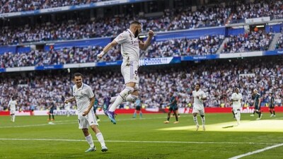 Karim Benzema celebrates after scoring against Almeria at the Santiago Bernabeu Stadium in Madrid (AP) Karim Benzema celebrates after scoring against Almeria at the Santiago Bernabeu Stadium in Madrid (AP)