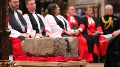 The Stone of Destiny is pictured inside Westminster Abbey during a welcome ceremony, in central London, Britain, Saturday. (REUTERS)