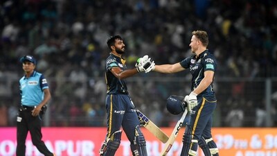 Gujarat Titans' Vijay Shankar (L) and David Miller celebrate after winning the Indian Premier League (IPL) Twenty20 cricket match between Kolkata Knight Riders and Gujarat Titans at the Eden Gardens Stadium in Kolkata on April 29, 2023. (Photo by Dibyangshu SARKAR / AFP) (AFP) Gujarat Titans' Vijay Shankar (L) and David Miller celebrate after winning the Indian Premier League (IPL) Twenty20 cricket match between Kolkata Knight Riders and Gujarat Titans at the Eden Gardens Stadium in Kolkata on April 29, 2023. (Photo by Dibyangshu SARKAR / AFP) (AFP)