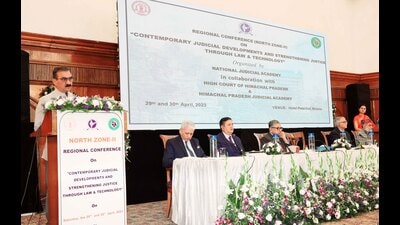 Chief minister Sukhvinder Singh Sukhu addressing the North Zone regional conference on 'Contemporary Judicial Development and Strengthening Justice through Law and Technology' at Peterhoff, Shimla on Saturday. (HT Photo) Chief minister Sukhvinder Singh Sukhu addressing the North Zone regional conference on 'Contemporary Judicial Development and Strengthening Justice through Law and Technology' at Peterhoff, Shimla on Saturday. (HT Photo)