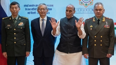 Chinese defence minister Li Shangfu, secretary-general of the Shanghai Cooperation Organisation (SCO) Zhang Ming, defence minister Rajnath Singh and Russain defence minister Sergei Shoigu before the start of the SCO meet in New Delhi, (REUTERS)