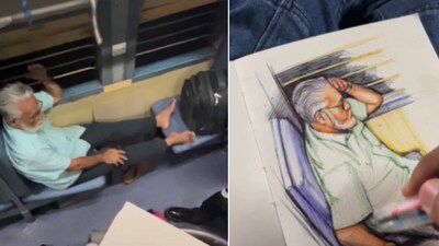 The image shows the artist creating the portrait of a co-passenger. (Instagram/@vishnudineshan_) The image shows the artist creating the portrait of a co-passenger. (Instagram/@vishnudineshan_)