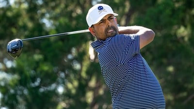 Anirban Lahiri, of Crushers GC, hits from the ninth tee during the final round of LIV Golf Adelaide at the Grange Golf Club, Sunday (AP) Anirban Lahiri, of Crushers GC, hits from the ninth tee during the final round of LIV Golf Adelaide at the Grange Golf Club, Sunday (AP)