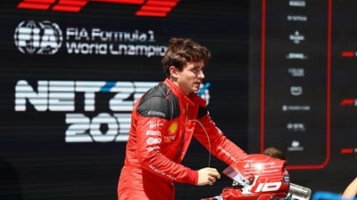 Formula One F1 - Azerbaijan Grand Prix - Baku City Circuit, Baku, Azerbaijan - April 29, 2023 Ferrari's Charles Leclerc reacts after taking sprint poll REUTERS/Lisi Niesner/Pool (REUTERS)