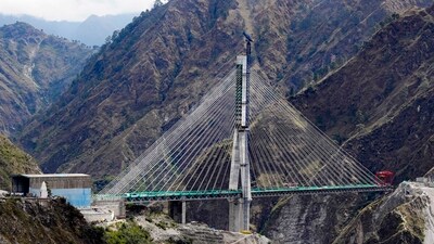 Anji Khad bridge, India's first cable-stayed railway bridge, in Reasi district. (PTI)