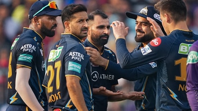 Meanwhile, Mohammed Shami was in hot form for GT and took three wickets, Noor Ahmad and Joshua Little scalped two dismissals each. (PTI) Meanwhile, Mohammed Shami was in hot form for GT and took three wickets, Noor Ahmad and Joshua Little scalped two dismissals each. (PTI)