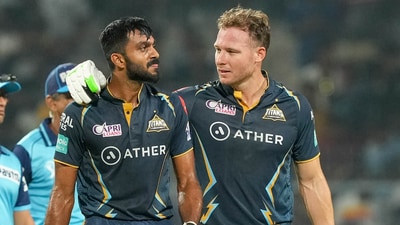 Gujarat Titans batters Vijay Shankar and David Miller after their win against Kolkata Knight Riders in IPL 2023 (PTI) Gujarat Titans batters Vijay Shankar and David Miller after their win against Kolkata Knight Riders in IPL 2023 (PTI)
