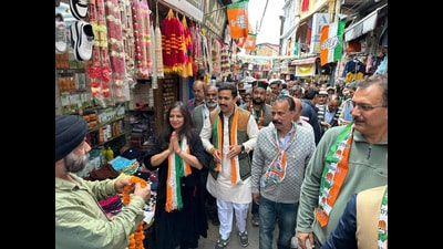 PWD minister Vikramaditya Singh during the Shimla MC election campaign at Lower Bazaar ward in Shimla on Saturday. (HT Photo) PWD minister Vikramaditya Singh during the Shimla MC election campaign at Lower Bazaar ward in Shimla on Saturday. (HT Photo)