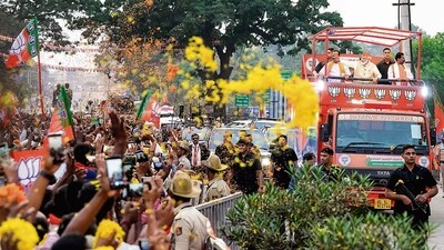 Prime Minister Narendra Modi during a roadshow in Bengaluru on Saturday. (PTI) Prime Minister Narendra Modi during a roadshow in Bengaluru on Saturday. (PTI)