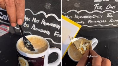 The image shows a cup of ‘24 carat gold chai’ sold at an eatery in Lucknow. (Instagram/@eattwithsid) The image shows a cup of ‘24 carat gold chai’ sold at an eatery in Lucknow. (Instagram/@eattwithsid)