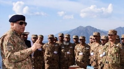 File photo of then Pak Army chief Gen Qamar Jawed Bajwa on LoC in 2018. File photo of then Pak Army chief Gen Qamar Jawed Bajwa on LoC in 2018.