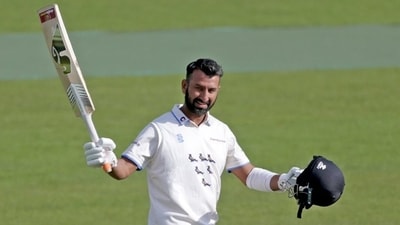 Cheteshwar Pujara ,celebrates after scoring a ton (Twitter) Cheteshwar Pujara ,celebrates after scoring a ton (Twitter)