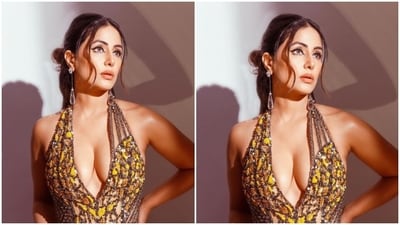 Styled by fashion stylist Sunakshi Kansal Rathod, Hina wore her tresses into a messy bun and added more glam to her look.&nbsp; (Instagram/@realhinakhan)