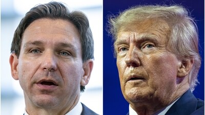 Florida Gov. Ron DeSantis speaking on April 21, 2023, in Oxon Hill, Md., left, and former President Donald Trump speaking on March 4, 2023, at National Harbor in Oxon Hill, Md. (AP) Florida Gov. Ron DeSantis speaking on April 21, 2023, in Oxon Hill, Md., left, and former President Donald Trump speaking on March 4, 2023, at National Harbor in Oxon Hill, Md. (AP)