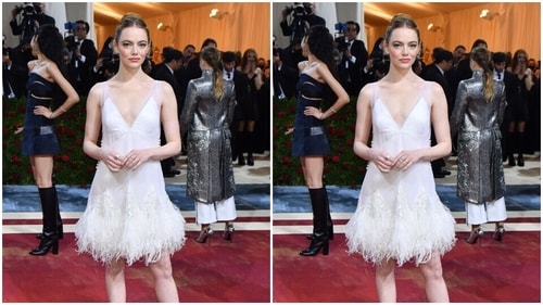Emma Stone kept it minimal in a shoort white dress. (Getty Images) Emma Stone kept it minimal in a shoort white dress. (Getty Images)
