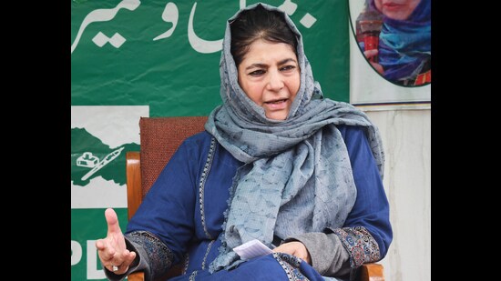 PDP president Mehooba Mufti addresses a press conference, in Srinagar on Saturday. (ANI)