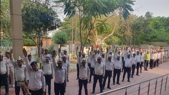 Traffic police personnel take part in a training session. (HT Photo)