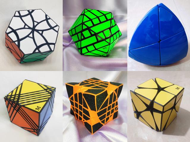 Some of Rathod’s creations: (Clockwise from top left) The hexagonal curvy copter, icosahedron ghost cube, skewbmorphix mirror cube, kilohexaminx mirror cube, 4x4x4 curvy mirror cube and 3x5x7 axis cube. Some of Rathod’s creations: (Clockwise from top left) The hexagonal curvy copter, icosahedron ghost cube, skewbmorphix mirror cube, kilohexaminx mirror cube, 4x4x4 curvy mirror cube and 3x5x7 axis cube.