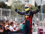 Red Bull's Sergio Perez celebrates after winning the race