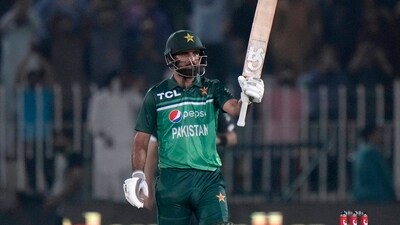 Pakistan's Fakhar Zaman celebrates after scoring 150 runs during the second one-day international cricket match between Pakistan and New Zealand, in Rawalpindi, Pakistan, Saturday, April 29, 2023. AP/PTI(AP04_30_2023_000007A) (AP) Pakistan's Fakhar Zaman celebrates after scoring 150 runs during the second one-day international cricket match between Pakistan and New Zealand, in Rawalpindi, Pakistan, Saturday, April 29, 2023. AP/PTI(AP04_30_2023_000007A) (AP)
