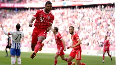 Bayern's Serge Gnabry celebrates after scoring his side's opening goal during the German Bundesliga soccer match between FC Bayern Munich and Hertha BSC Berlin (AP) Bayern's Serge Gnabry celebrates after scoring his side's opening goal during the German Bundesliga soccer match between FC Bayern Munich and Hertha BSC Berlin (AP)