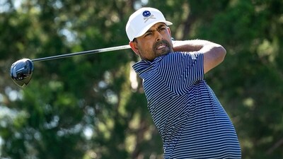 Anirban Lahiri, of Crushers GC, hits from the ninth tee during the final round of LIV Golf Adelaide at the Grange Golf Club, Sunday, April 23, 2023, in Adelaide, Australia (AP) Anirban Lahiri, of Crushers GC, hits from the ninth tee during the final round of LIV Golf Adelaide at the Grange Golf Club, Sunday, April 23, 2023, in Adelaide, Australia (AP)