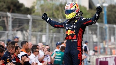 Red Bull's Sergio Perez celebrates after winning the race (REUTERS)