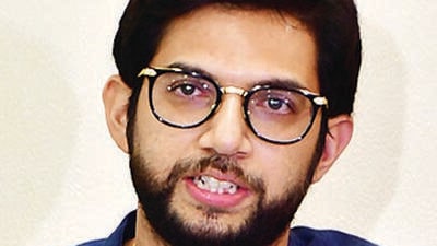 Mumbai, India - April 15, 2023: Shivsena (UBT) leader and MLA Aaditya Thackeray addresses the media alongside MLA Ravindra Waikar, at Matoshree, Bandra, in Mumbai, India, on Saturday, April 15, 2023. (Photo by Bhushan Koyande/HT Photo) (HT PHOTO) Mumbai, India - April 15, 2023: Shivsena (UBT) leader and MLA Aaditya Thackeray addresses the media alongside MLA Ravindra Waikar, at Matoshree, Bandra, in Mumbai, India, on Saturday, April 15, 2023. (Photo by Bhushan Koyande/HT Photo) (HT PHOTO)