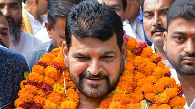 Wrestling Federation of India (WFI) chief Brij Bhushan Singh during an interaction with the media in Gonda on Saturday, (PTI) Wrestling Federation of India (WFI) chief Brij Bhushan Singh during an interaction with the media in Gonda on Saturday, (PTI)