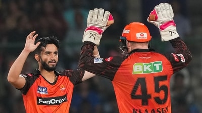 Sunrisers Hyderabad bowler Mayank Markande celebrates the wicket of Delhi Capitals batter Priyam Garg (PTI) Sunrisers Hyderabad bowler Mayank Markande celebrates the wicket of Delhi Capitals batter Priyam Garg (PTI)