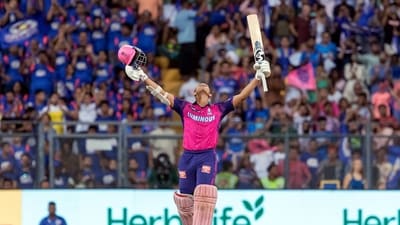 Rajasthan Royals batter Yashasvi Jaiswal celebrates his century during the IPL 2023 cricket match between Rajasthan Royals and Mumbai Indians, at Wankhede Stadium (PTI) Rajasthan Royals batter Yashasvi Jaiswal celebrates his century during the IPL 2023 cricket match between Rajasthan Royals and Mumbai Indians, at Wankhede Stadium (PTI)